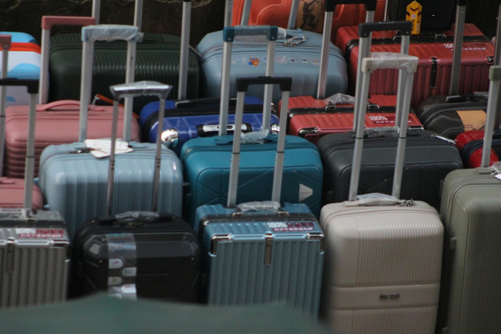 A variety of colorful suitcases with handles extended, ready for travel.